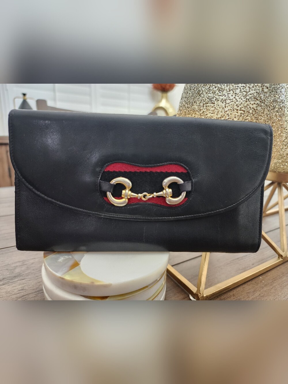Gucci Vintage Black Leather Clutch with Gold Horsebit and Red Accent - Picture 4 of 13